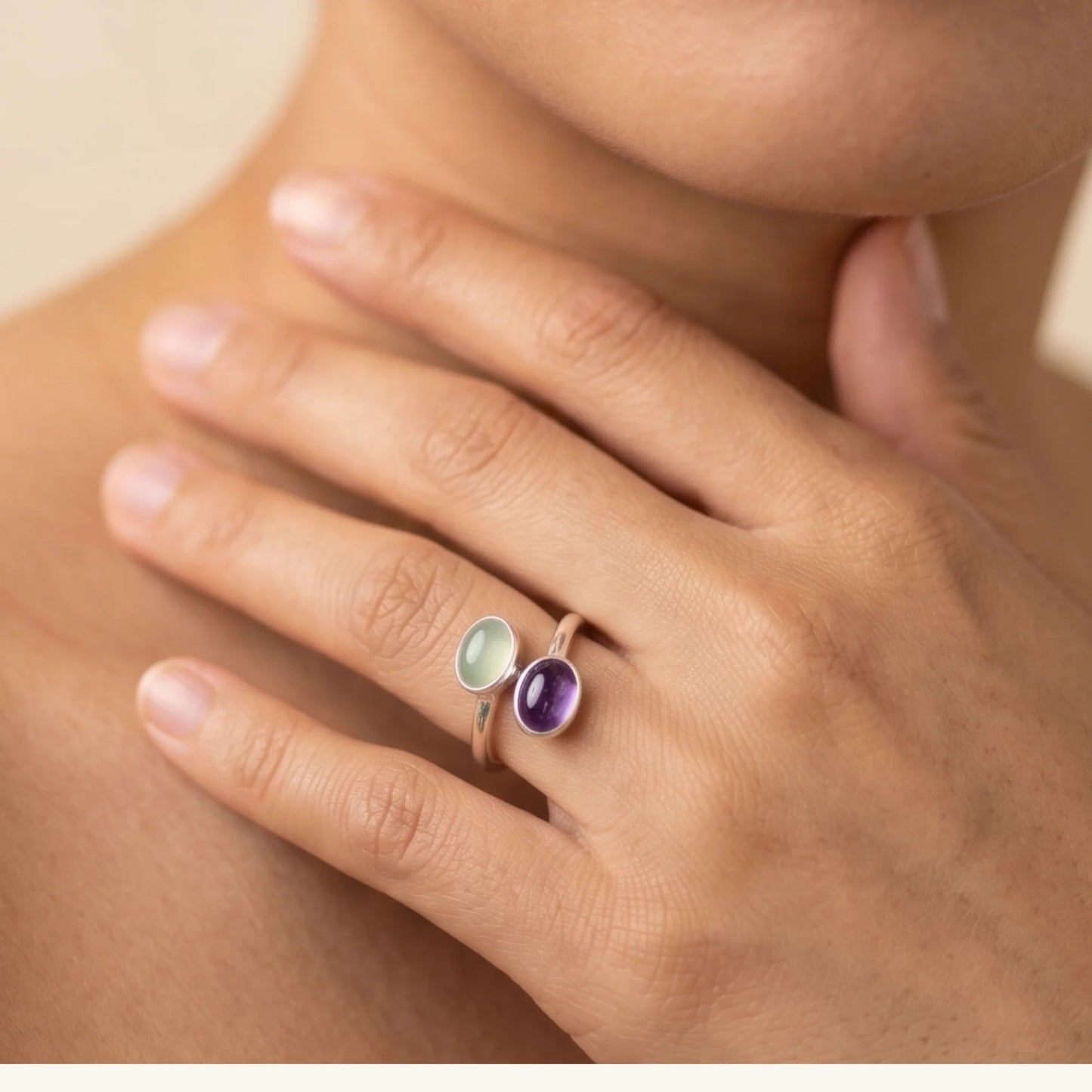 Personalised two-birthstone ring with natural oval gemstones in polished 925 sterling silver