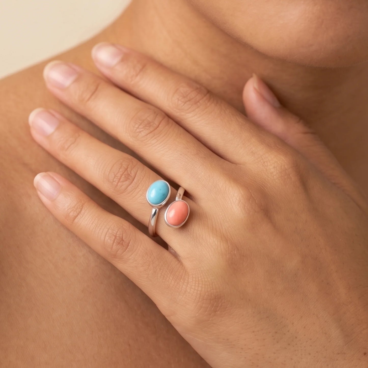 Personalised two-birthstone ring with natural oval gemstones in polished 925 sterling silver