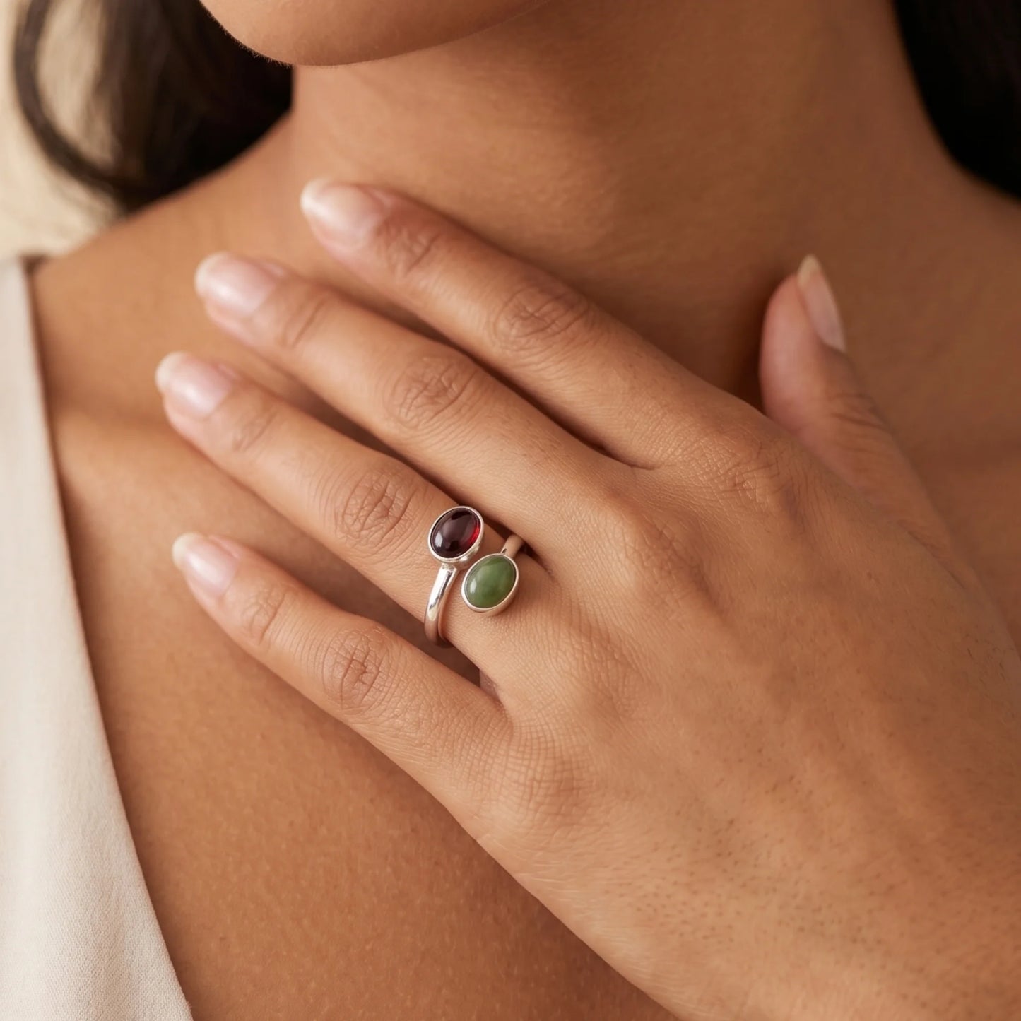 Personalised two-birthstone ring with natural oval gemstones in polished 925 sterling silver