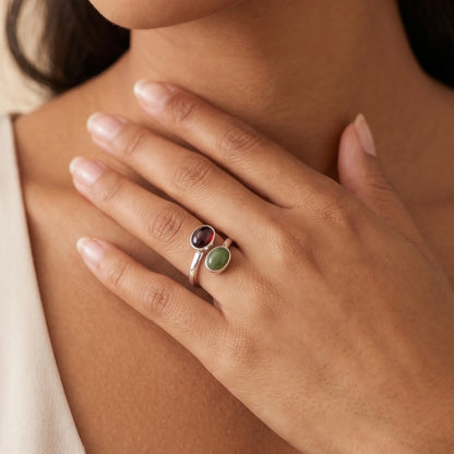 Personalised two-birthstone ring with natural oval gemstones in polished 925 sterling silver