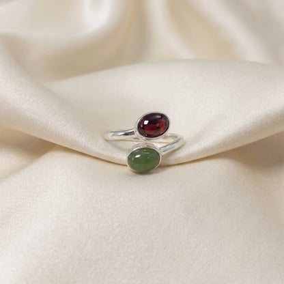 Personalised two-birthstone ring with natural oval gemstones in polished 925 sterling silver