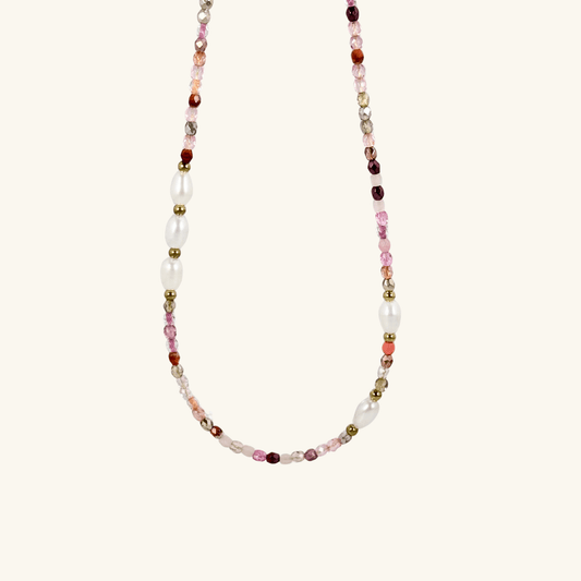 Handmade necklace with 3mm pink Czech glass beads and freshwater pearls, finished with gold or silver findings.