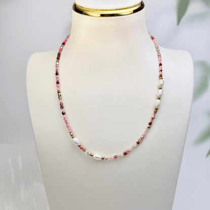 Handmade necklace with 3mm pink Czech glass beads and freshwater pearls, finished with gold or silver findings.