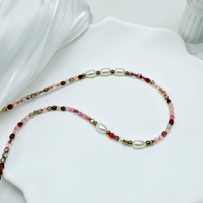 Handmade necklace with 3mm pink Czech glass beads and freshwater pearls, finished with gold or silver findings.