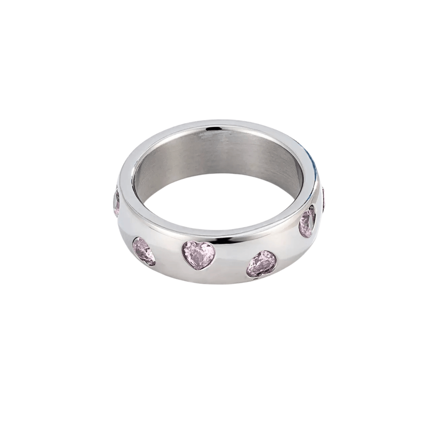 pink heart crystal silver ring on polished dome band