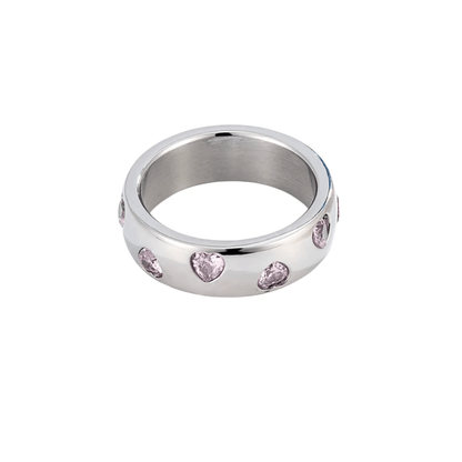 pink heart crystal silver ring on polished dome band
