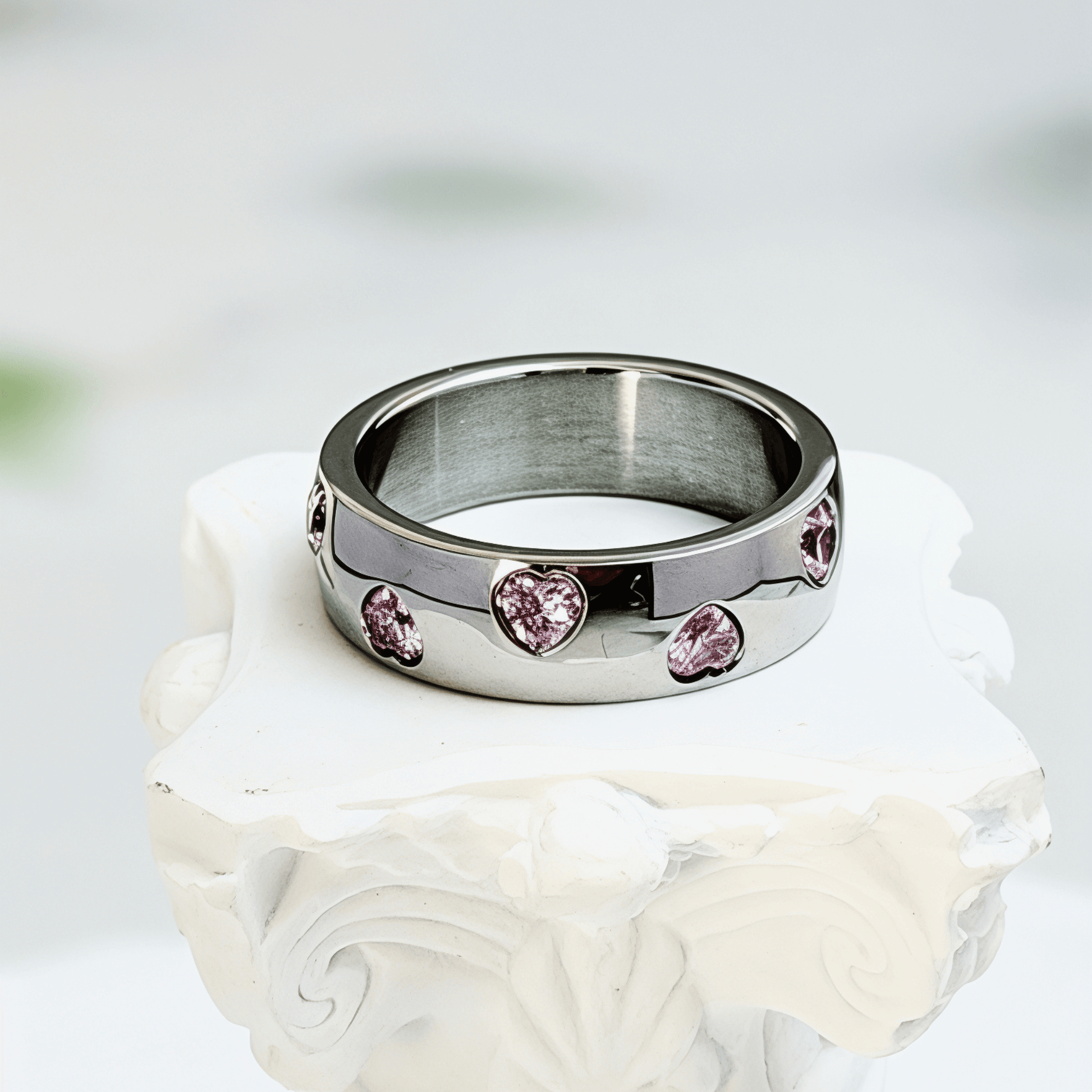 pink heart crystal silver ring on polished dome band