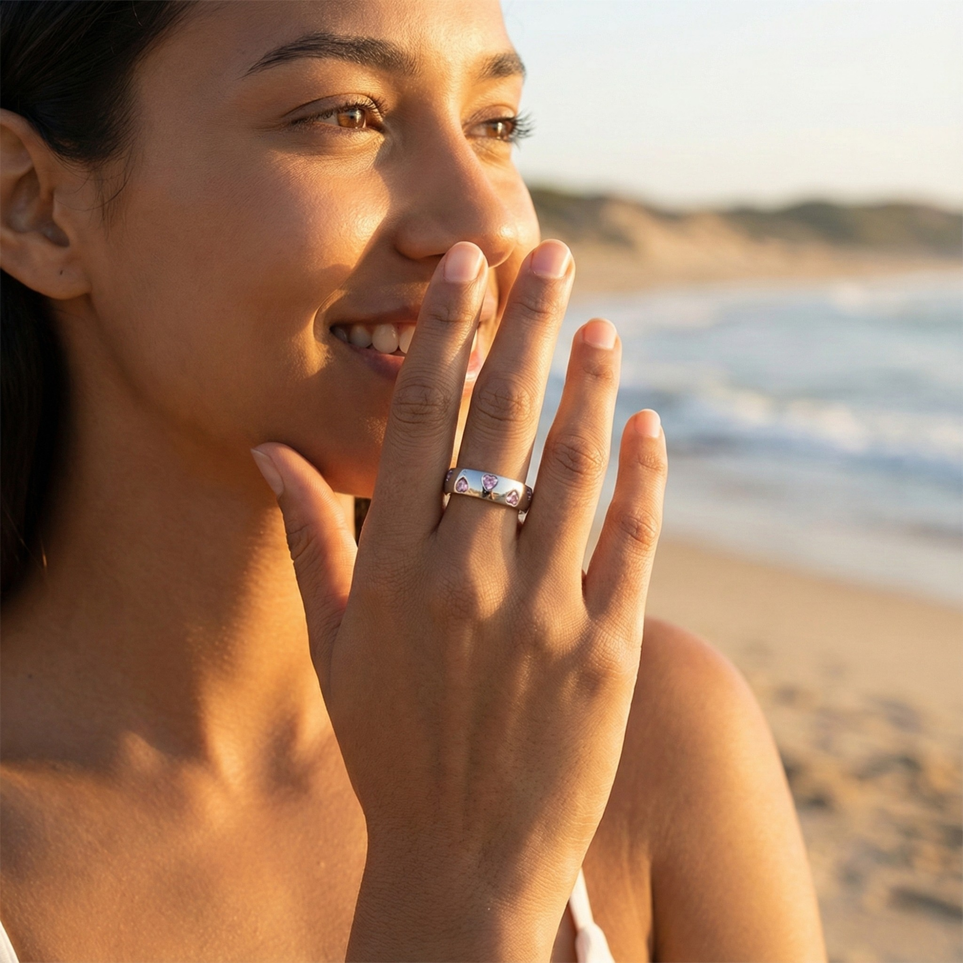 pink heart crystal silver ring on polished dome band