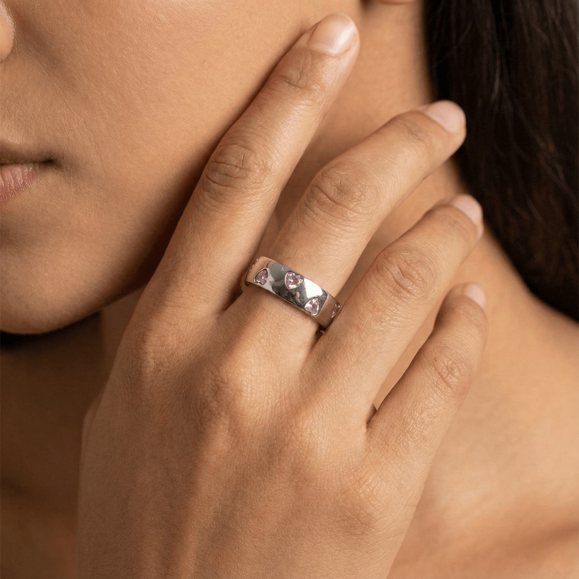 pink heart crystal silver ring on polished dome band