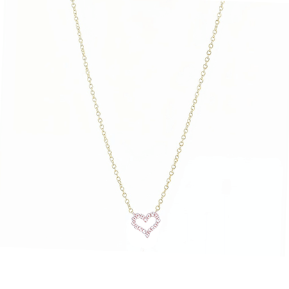 Gold necklace with pink zircon heart pendant, minimalist dainty design.