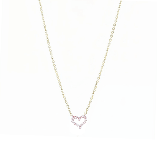 Gold necklace with pink zircon heart pendant, minimalist dainty design.