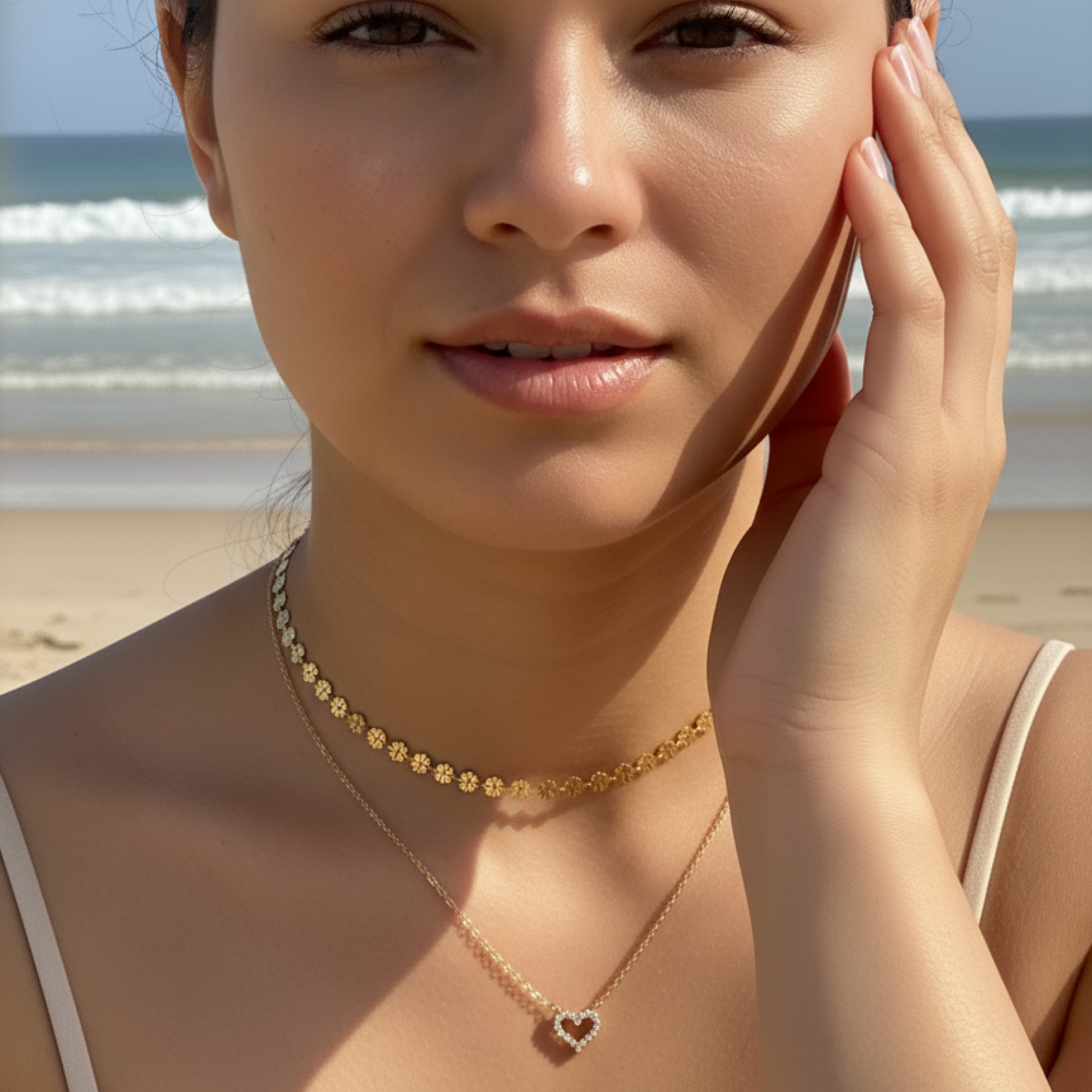 Gold necklace with pink zircon heart pendant, minimalist dainty design.