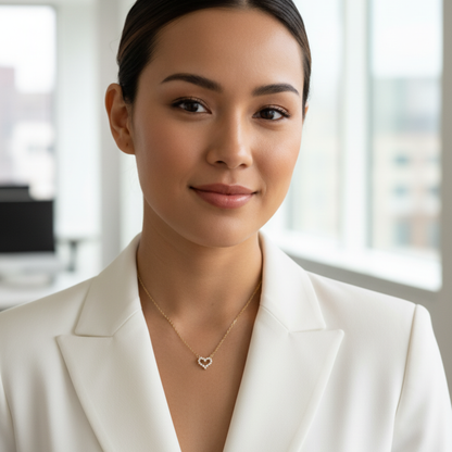 Gold necklace with pink zircon heart pendant, minimalist dainty design.