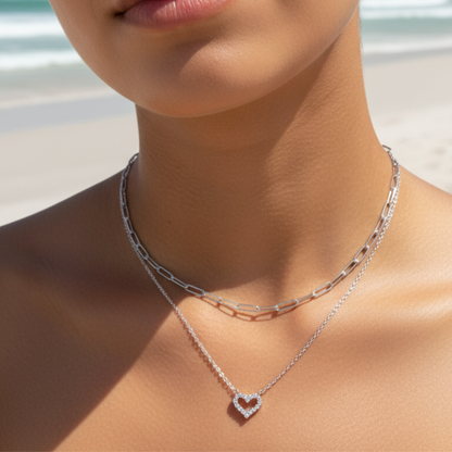 pink heart sparkle silver necklace with crystal heart pendant on fine silver chain