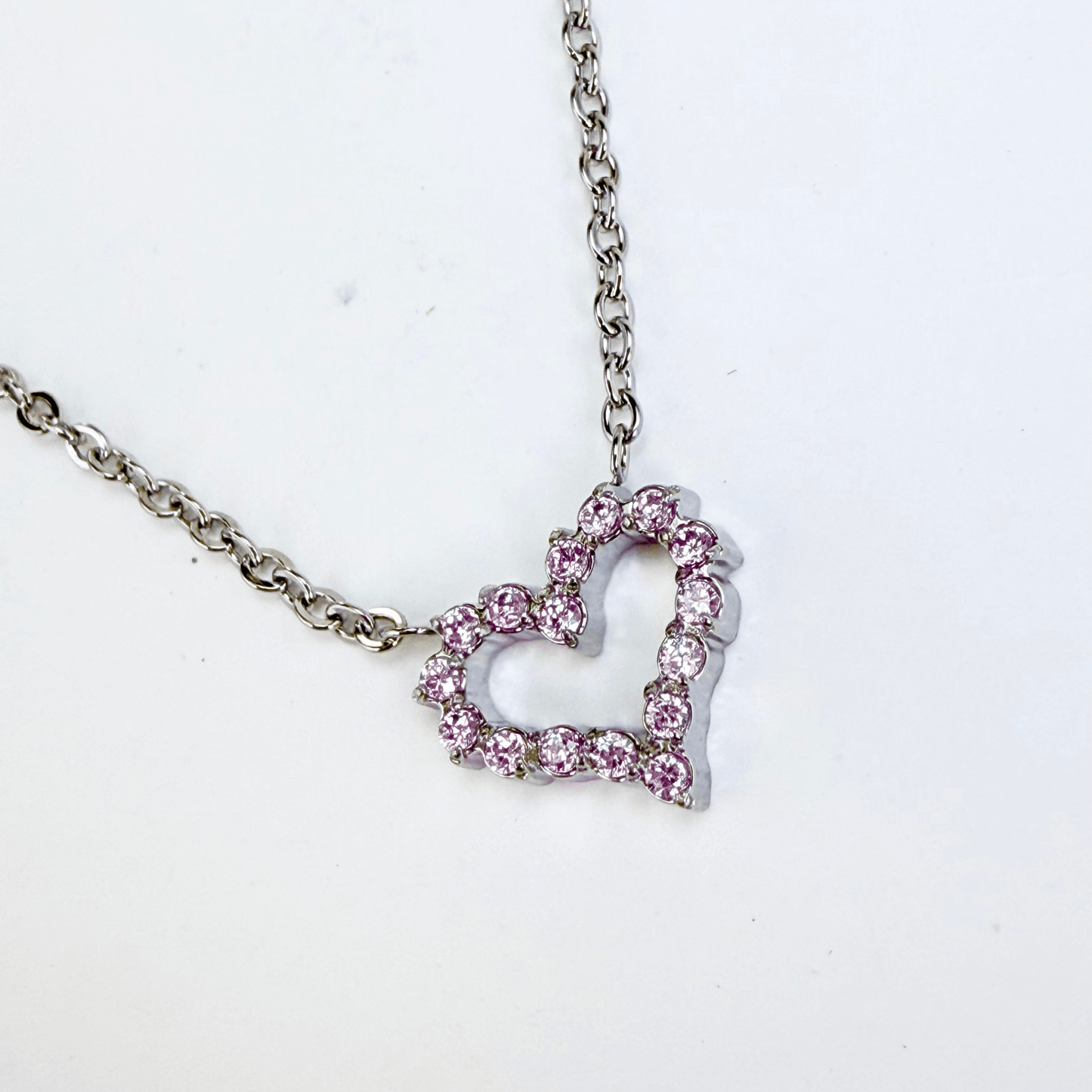 pink heart sparkle silver necklace with crystal heart pendant on fine silver chain