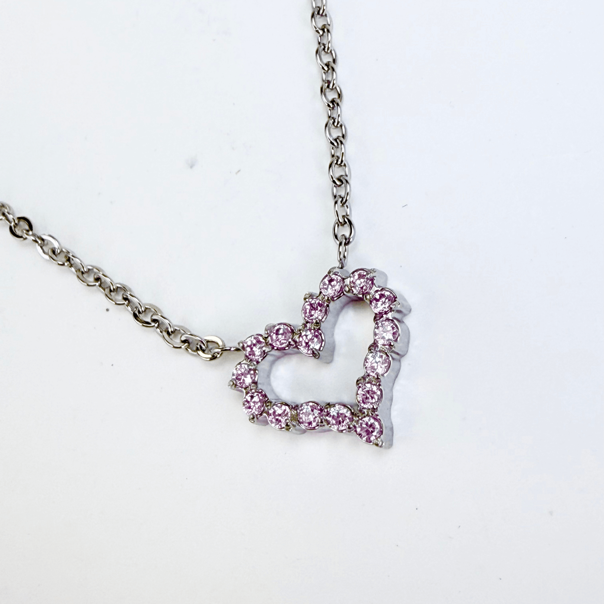 pink heart sparkle silver necklace with crystal heart pendant on fine silver chain