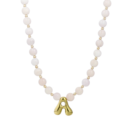 Pink Morganite Gold Bubble Initial Necklace with natural pink morganite beads, 14K gold filled accents and personalised gold initial charm – MXW Jewellery