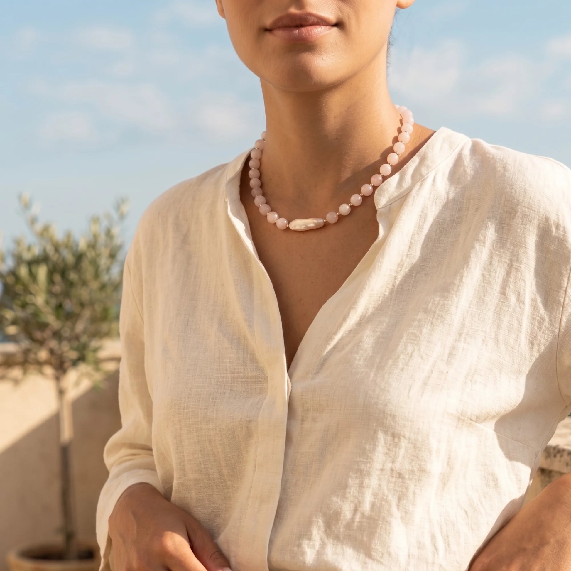 Pink morganite freshwater pearl necklace with 14K gold filled accents, handmade in Melbourne