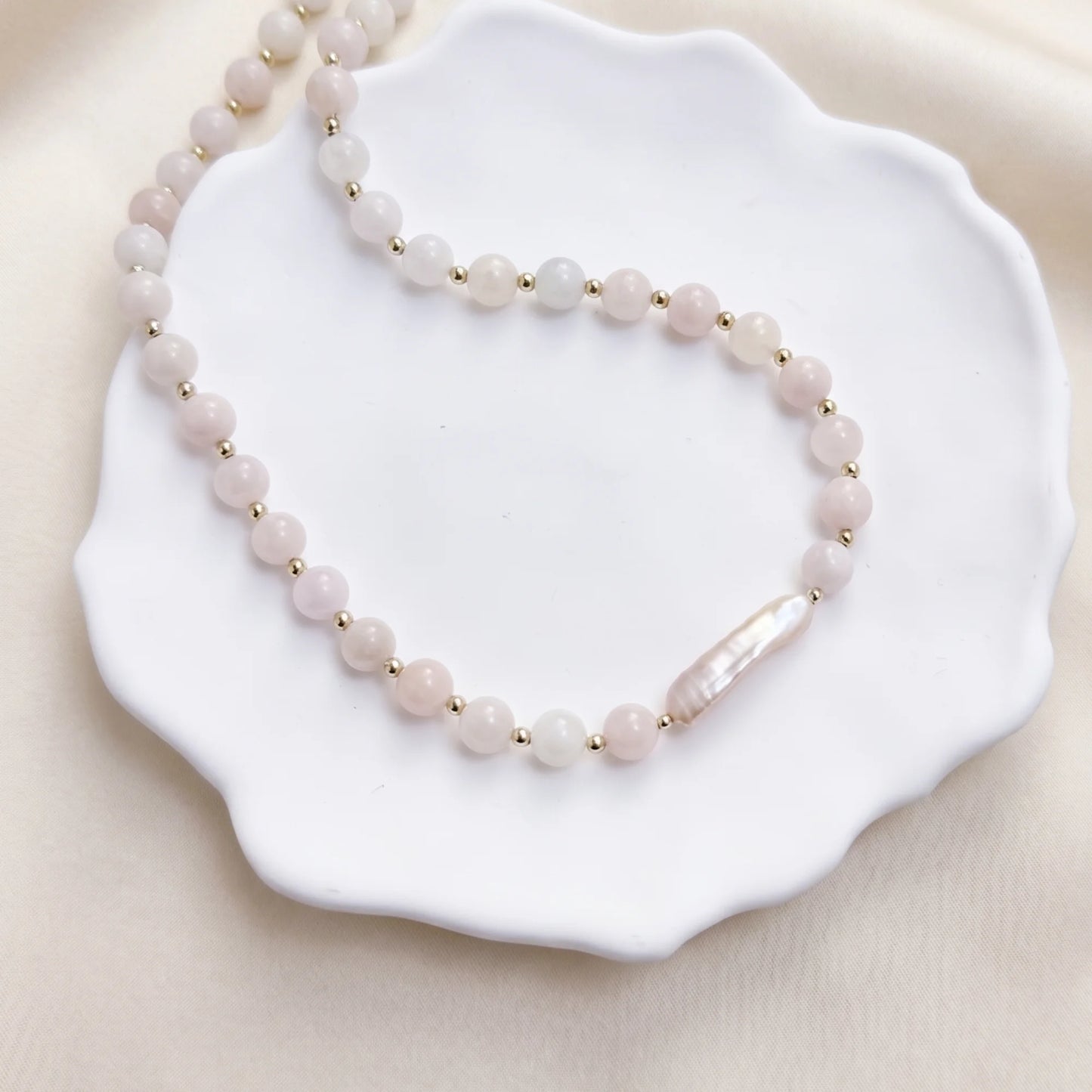 Pink morganite freshwater pearl necklace with 14K gold filled accents, handmade in Melbourne
