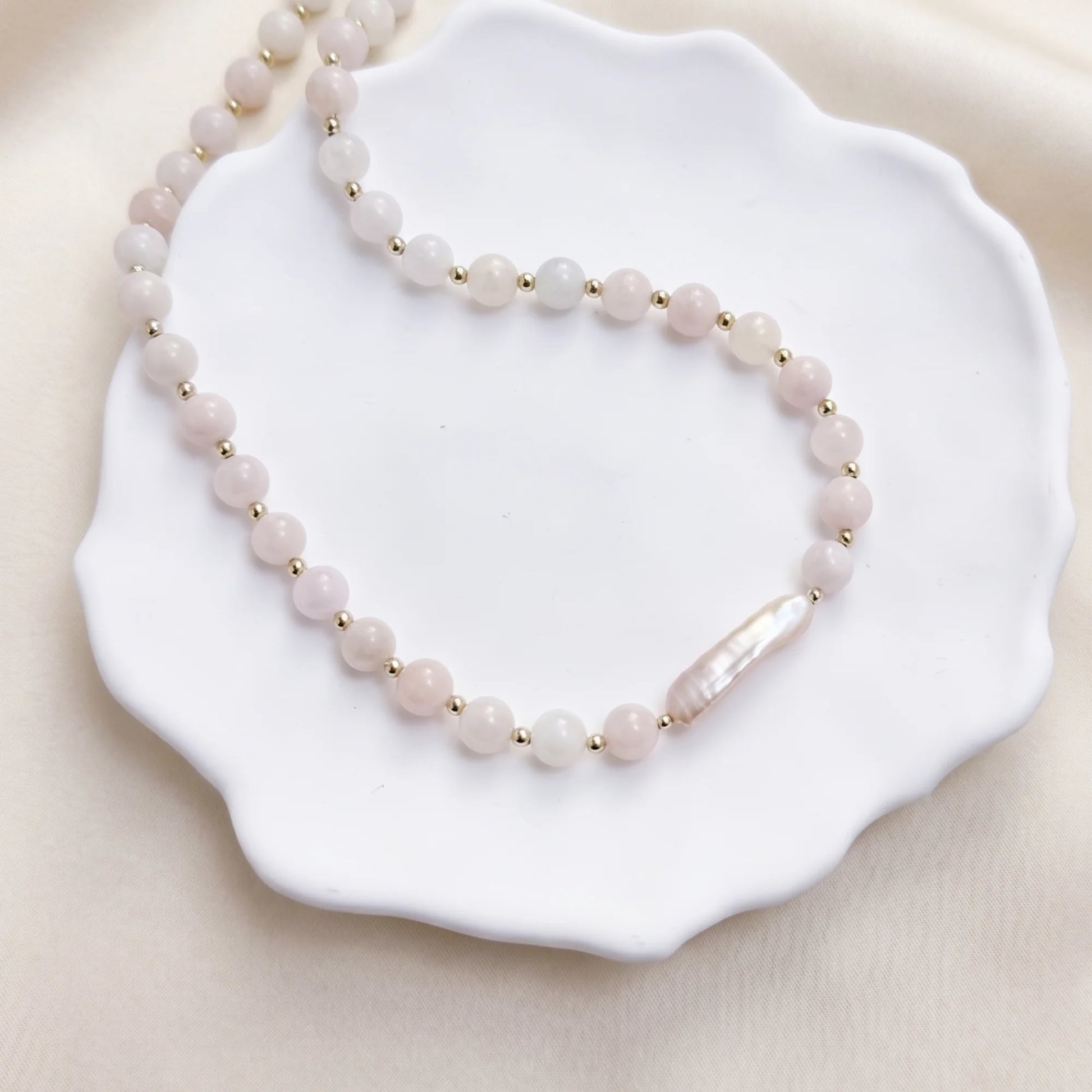 Pink morganite freshwater pearl necklace with 14K gold filled accents, handmade in Melbourne