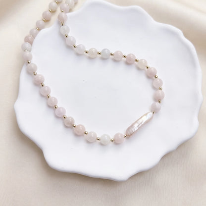 Pink morganite freshwater pearl necklace with 14K gold filled accents, handmade in Melbourne