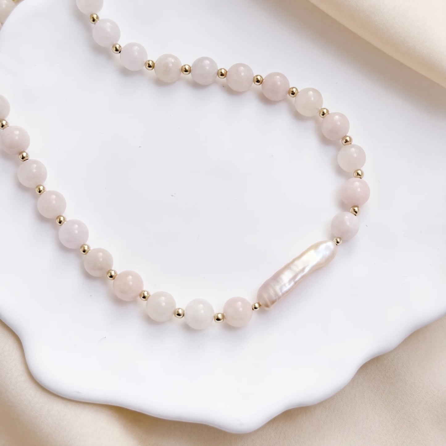 Pink morganite freshwater pearl necklace with 14K gold filled accents, handmade in Melbourne