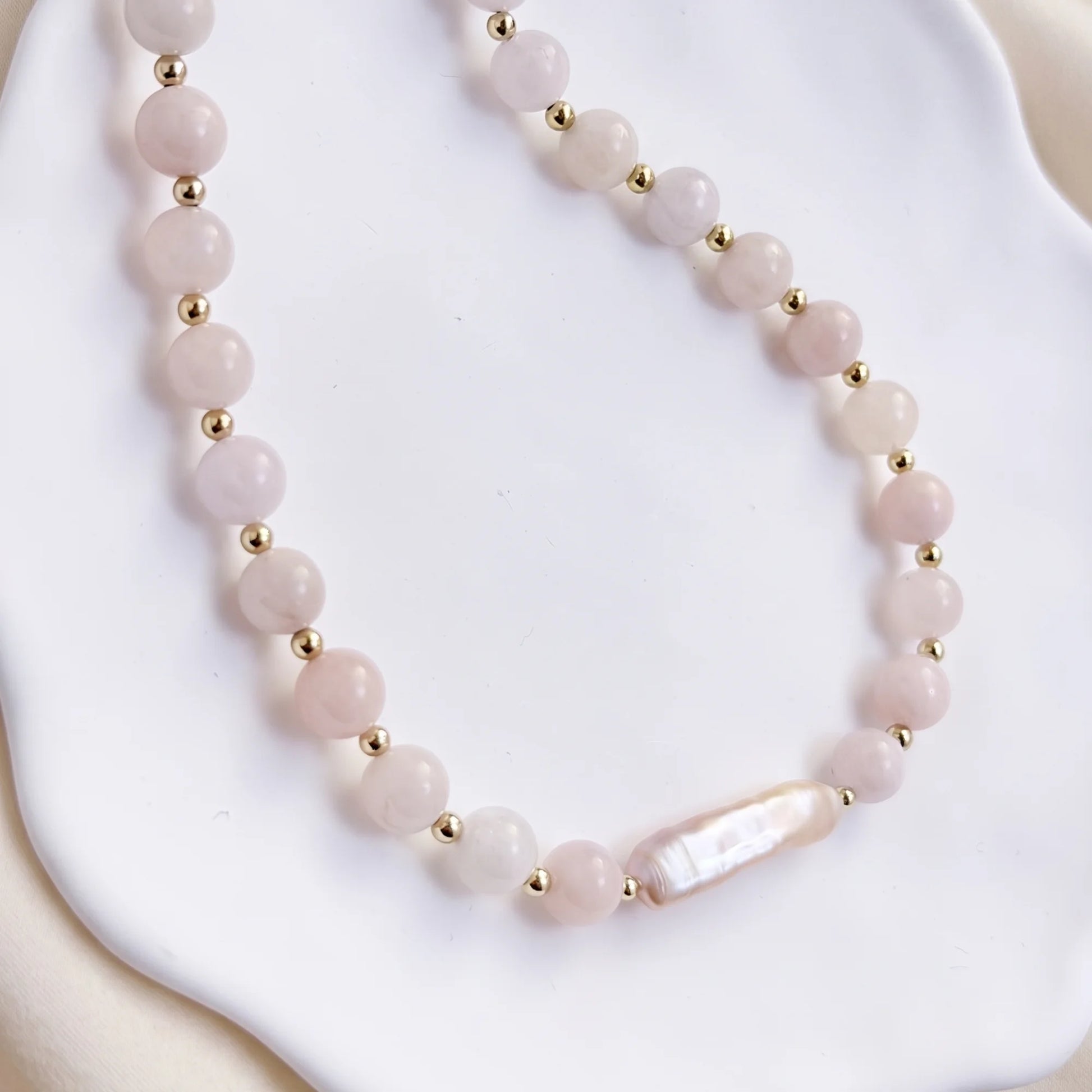 Pink morganite freshwater pearl necklace with 14K gold filled accents, handmade in Melbourne