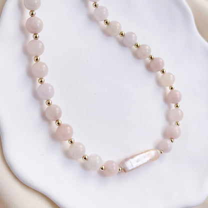 Pink morganite freshwater pearl necklace with 14K gold filled accents, handmade in Melbourne