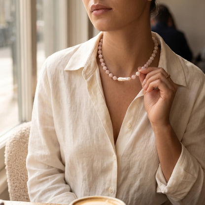 Pink morganite freshwater pearl necklace with 14K gold filled accents, handmade in Melbourne
