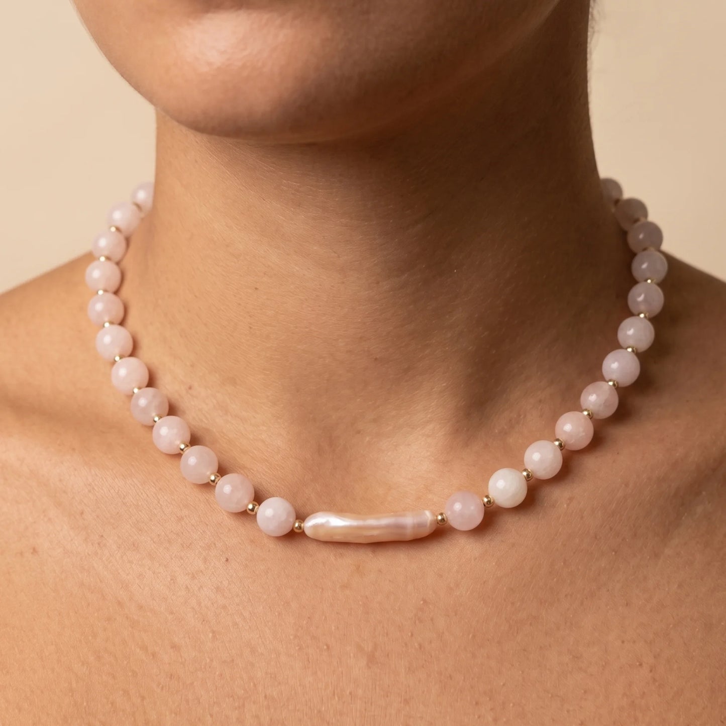 Pink morganite freshwater pearl necklace with 14K gold filled accents, handmade in Melbourne