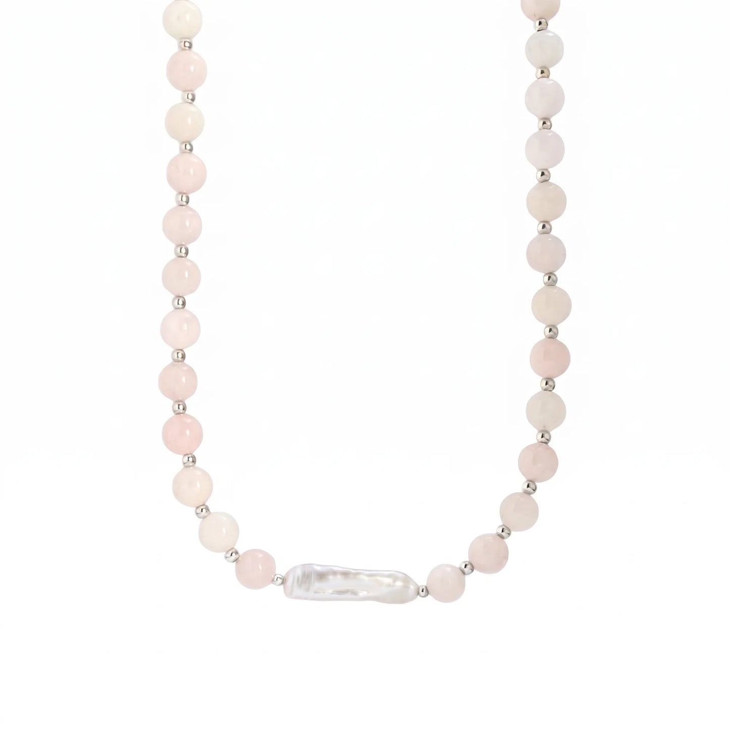 Pink morganite freshwater pearl necklace with sterling silver accents, handmade in Melbourne