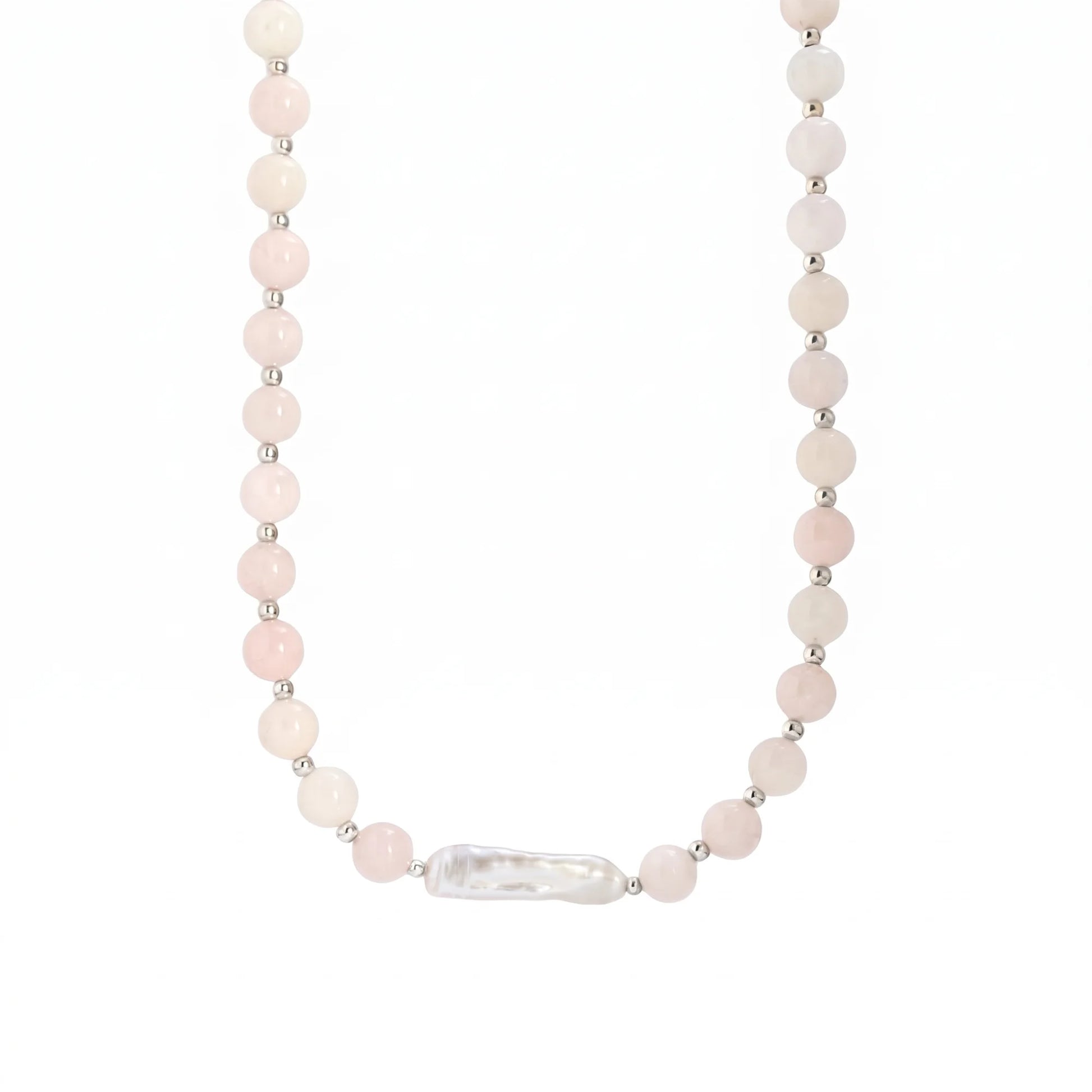 Pink morganite freshwater pearl necklace with sterling silver accents, handmade in Melbourne