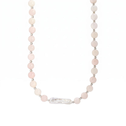 Pink morganite freshwater pearl necklace with sterling silver accents, handmade in Melbourne