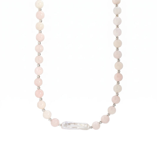 Pink morganite freshwater pearl necklace with sterling silver accents, handmade in Melbourne