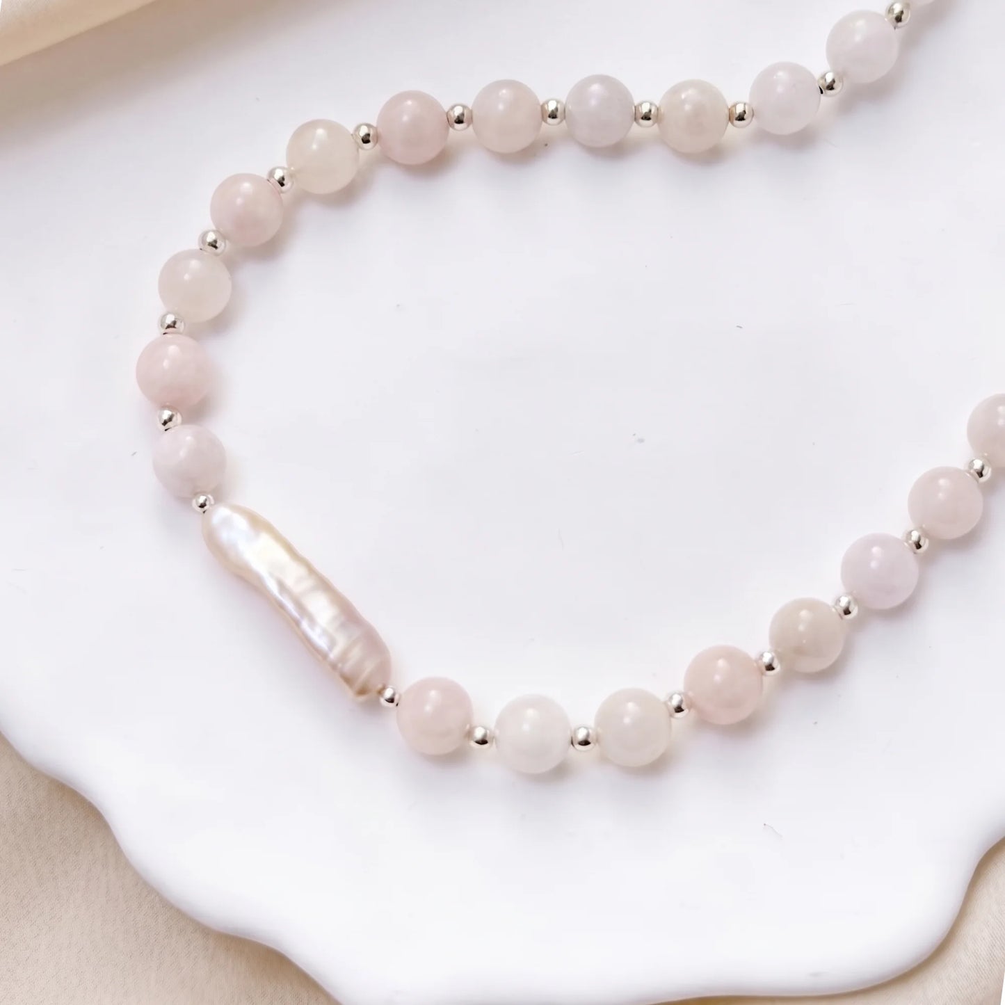 Pink morganite freshwater pearl necklace with sterling silver accents, handmade in Melbourne