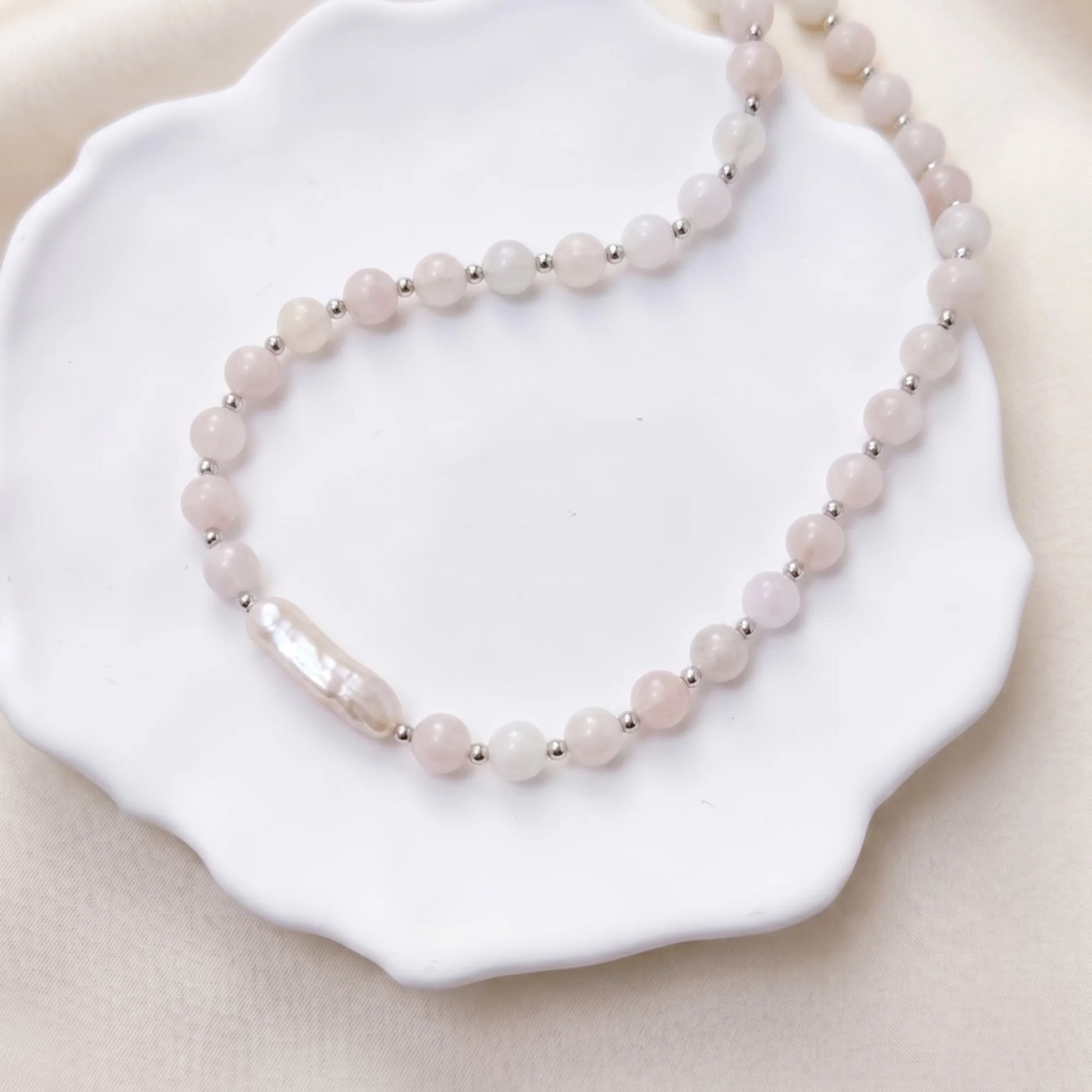 Pink morganite freshwater pearl necklace with sterling silver accents, handmade in Melbourne