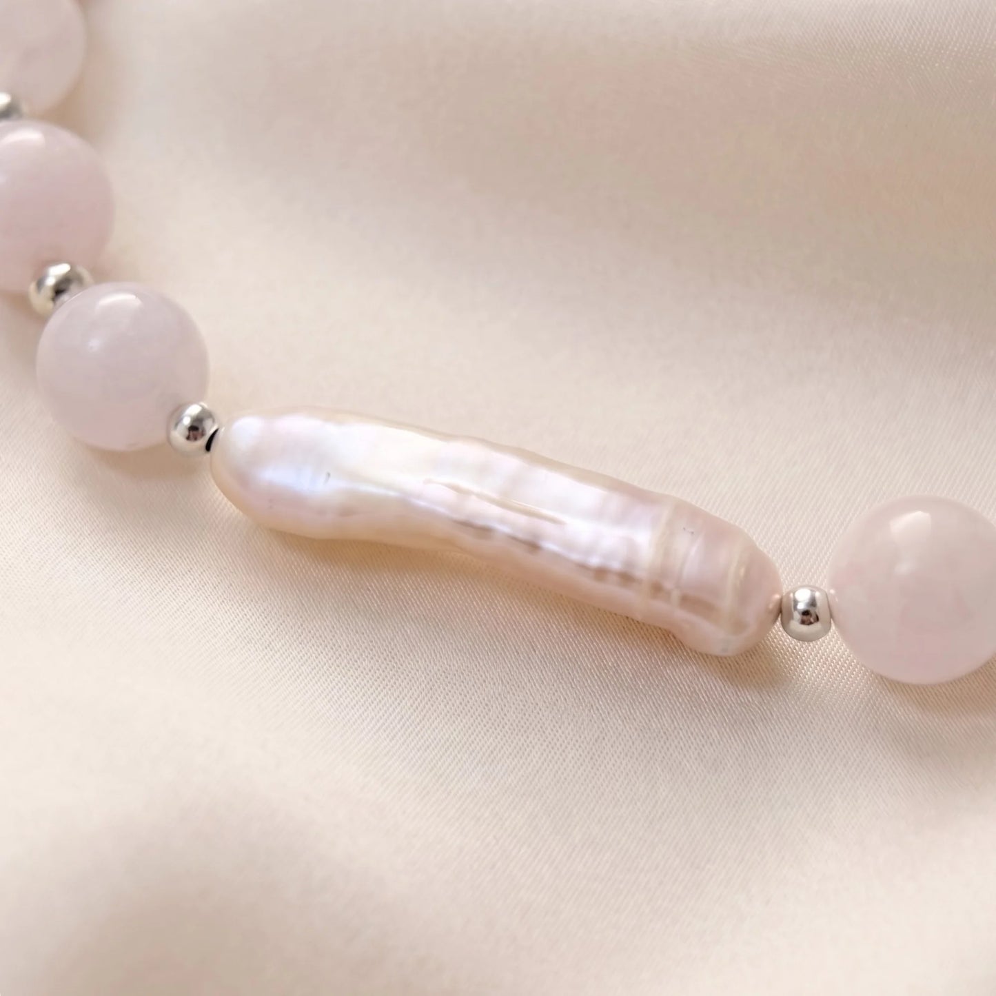 Pink morganite freshwater pearl necklace with sterling silver accents, handmade in Melbourne