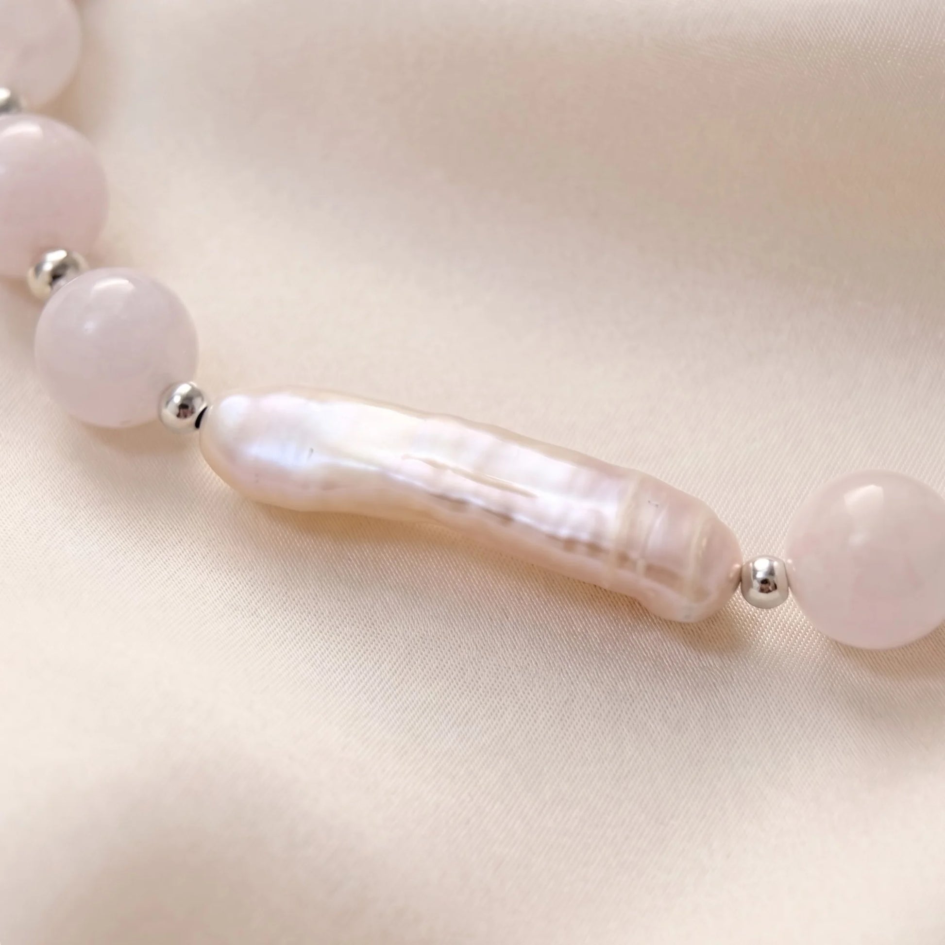 Pink morganite freshwater pearl necklace with sterling silver accents, handmade in Melbourne