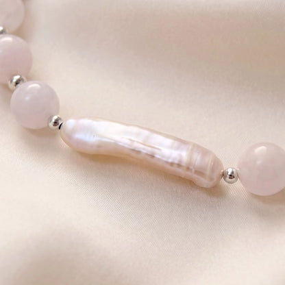 Pink morganite freshwater pearl necklace with sterling silver accents, handmade in Melbourne
