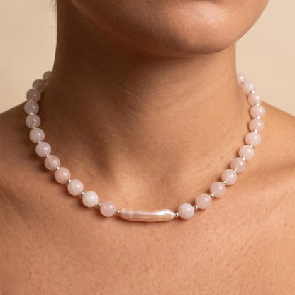 Pink morganite freshwater pearl necklace with sterling silver accents, handmade in Melbourne