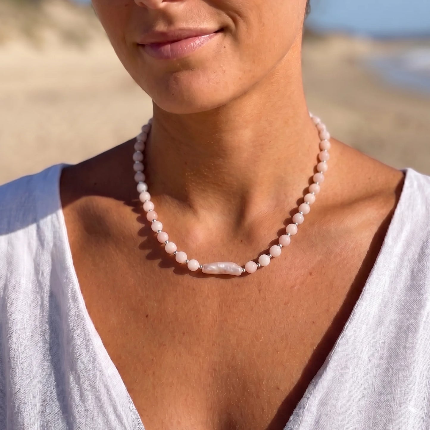 Pink morganite freshwater pearl necklace with sterling silver accents, handmade in Melbourne