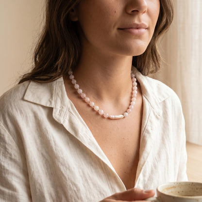 Pink morganite freshwater pearl necklace with sterling silver accents, handmade in Melbourne