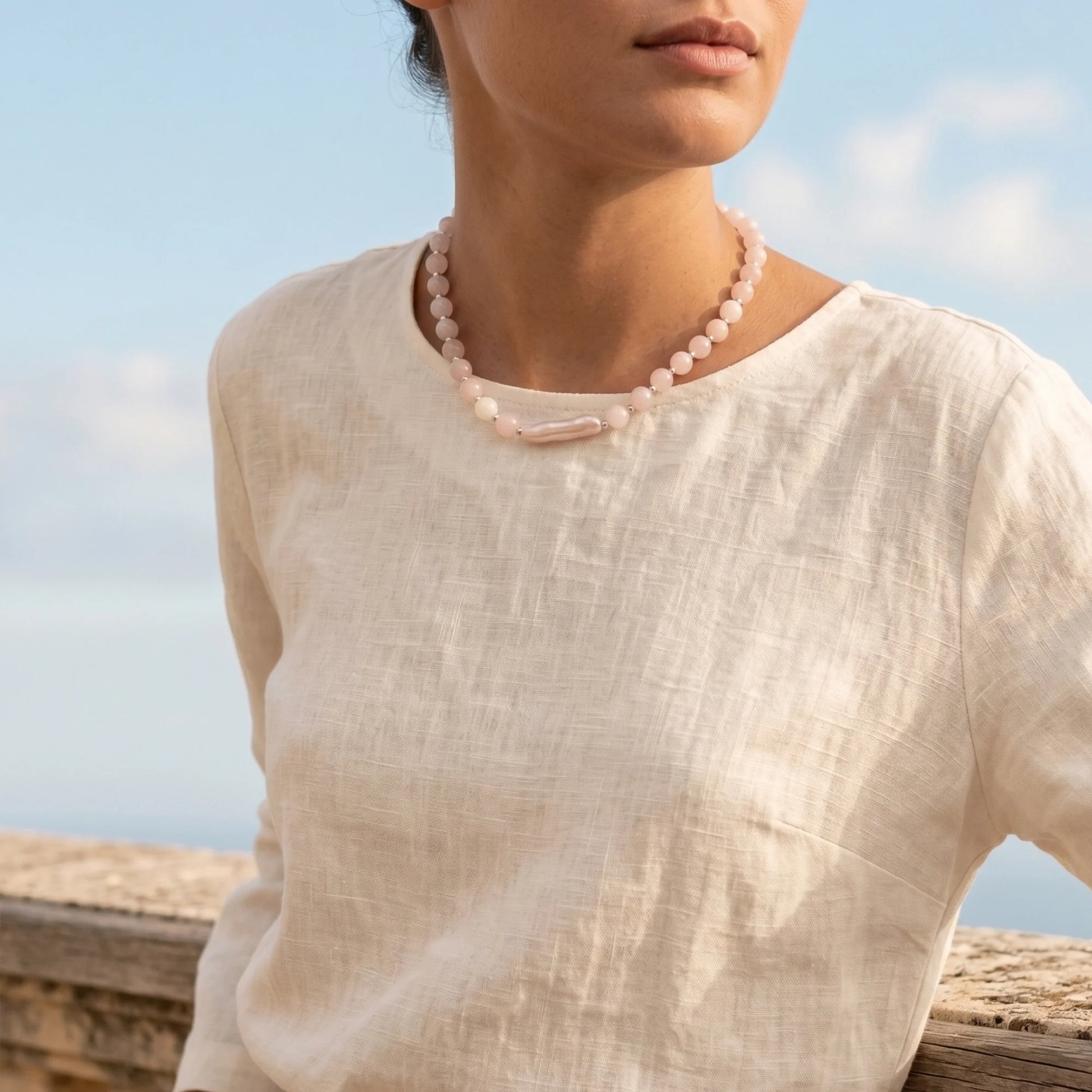 Pink morganite freshwater pearl necklace with sterling silver accents, handmade in Melbourne