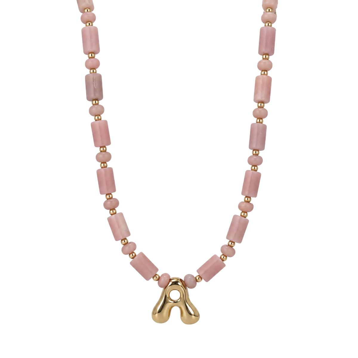Pink opal initial necklace with barrel and rondelle beads, 14K gold filled spacers and a bubble letter pendant