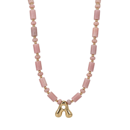Pink opal initial necklace with barrel and rondelle beads, 14K gold filled spacers and a bubble letter pendant