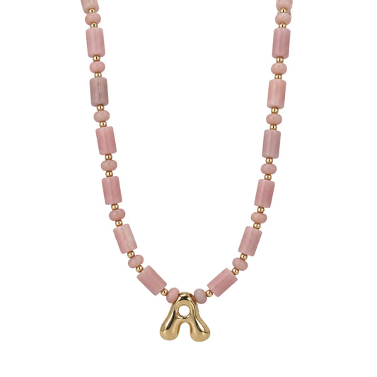 Pink opal initial necklace with barrel and rondelle beads, 14K gold filled spacers and a bubble letter pendant