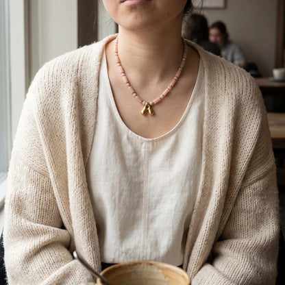 Pink opal initial necklace with barrel and rondelle beads, 14K gold filled spacers and a bubble letter pendant