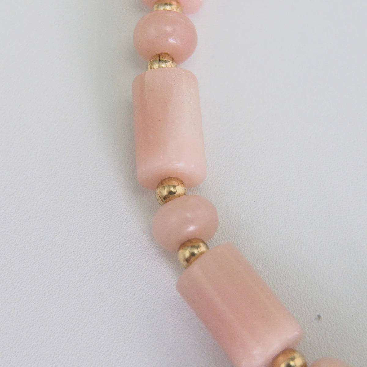 Pink opal initial necklace with barrel and rondelle beads, 14K gold filled spacers and a bubble letter pendant