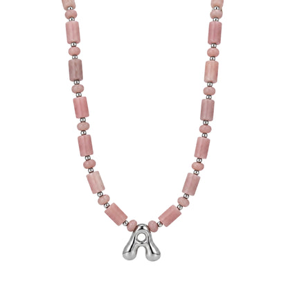 Pink opal initial necklace with barrel and rondelle beads, sterling silver spacers and a bubble letter pendant