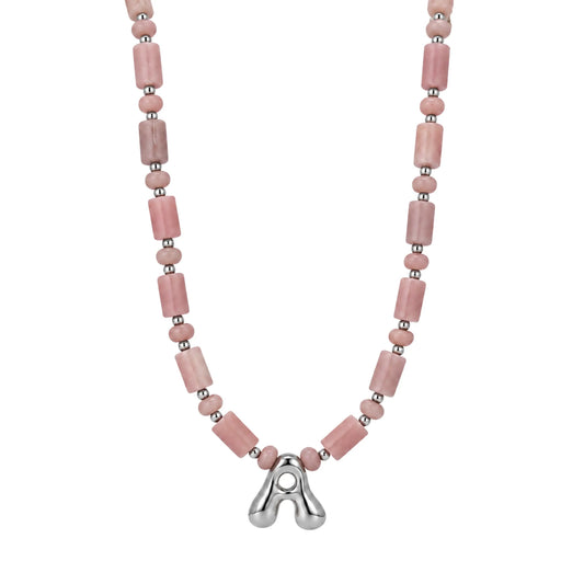 Pink opal initial necklace with barrel and rondelle beads, sterling silver spacers and a bubble letter pendant